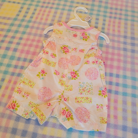 KRU LAYETTE 💐 Sweet Little Pink 'n Green Floral Sleeveless Romper w/Bows  0-3M - Picture 9 of 16